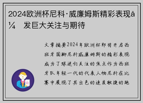 2024欧洲杯尼科·威廉姆斯精彩表现引发巨大关注与期待