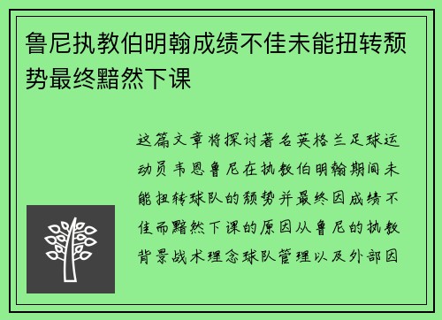 鲁尼执教伯明翰成绩不佳未能扭转颓势最终黯然下课 鲁尼执教伯明翰成绩不佳未能扭转颓势最终黯然下课