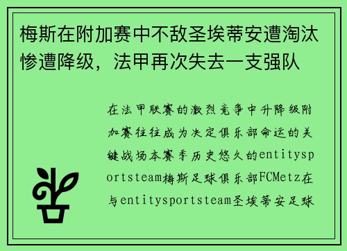 梅斯在附加赛中不敌圣埃蒂安遭淘汰惨遭降级,法甲再次失去一支强队 梅斯在附加赛中不敌圣埃蒂安遭淘汰惨遭降级,法甲再次失去一支强队